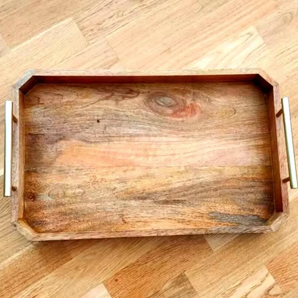 West Elm Wooden Serving Tray with Gold Handles